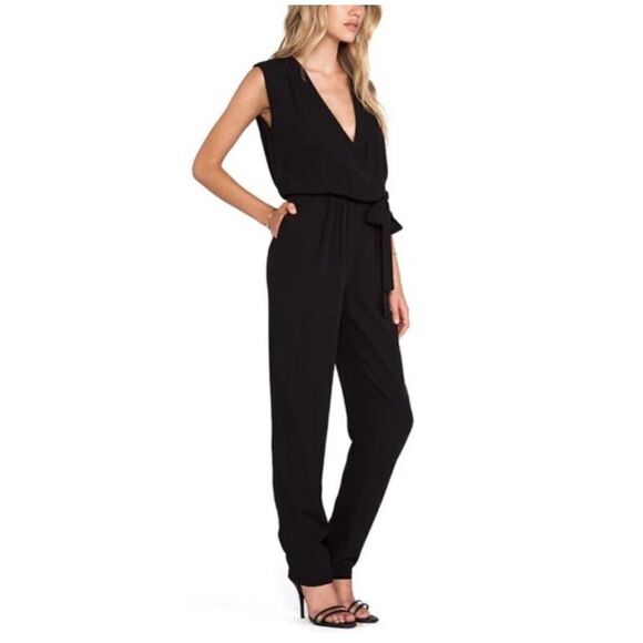 Diane Von Furstenberg Pants - Diane Von Furstenberg Rawena Crossover V-Neck Black Jumpsuit Belted Tie Waist 4